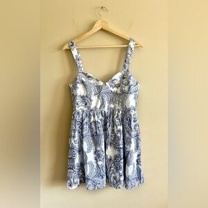 Zara | Blue and White Paisley Dress, Size Large, Linen/Cotton Blend